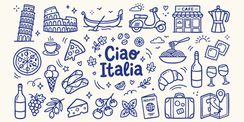 Collection of Italian culture icons with 'Ciao Italia' text in a playful doodle style on a cream background © Ishtiaq