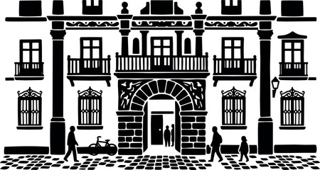 Fototapeta premium Silhouette of historical building facade with people walking and a bicycle