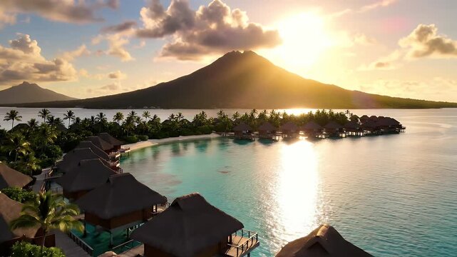 A scenic view of a tropical resort with overwater bungalows at sunset.