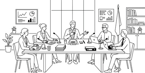 Fototapeta premium Business meeting with five colleagues discussing work around a conference table