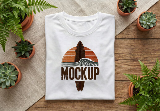 Folded T-shirt on a Rustic Wooden Surface with Linen Fabric Mockup