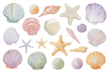 Watercolor Seashell And Starfish Collection On White Background aquatic beach © Smritykona