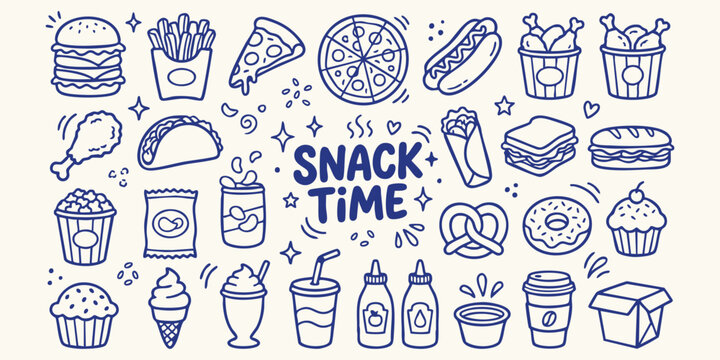 Doodle assortment of fast food items and drinks during snack time with playful stars and swirls