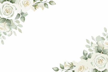 Watercolor white roses and eucalyptus leaves form a corner floral arrangement on white © Smritykona