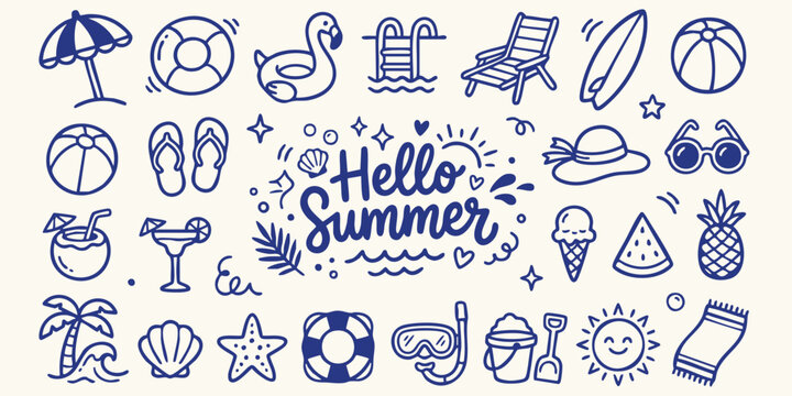 Doodle icons celebrating summer with beach and pool elements on a light background