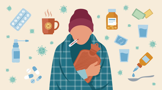 Illustration of a sick person with cold and flu symptoms and remedies