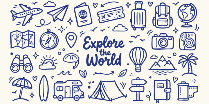 Doodle travel icons including airplane passport globe map and suitcase in a seamless pattern with blue linework on a cream background for adventure
