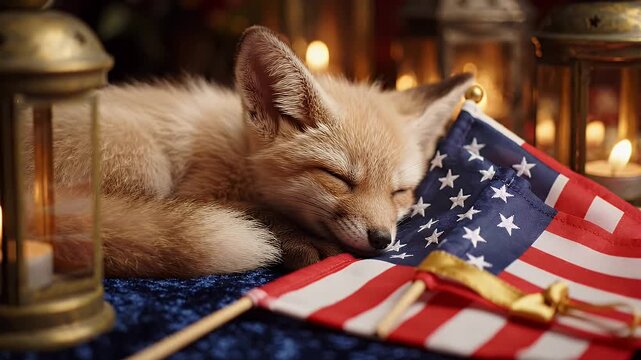 Baby Fox Sleeping on American Flags with Lanterns - A fluffy baby fox is sound asleep, resting its head on folded American flags.