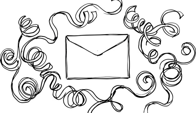 Hand drawn envelope surrounded by decorative ribbon curls