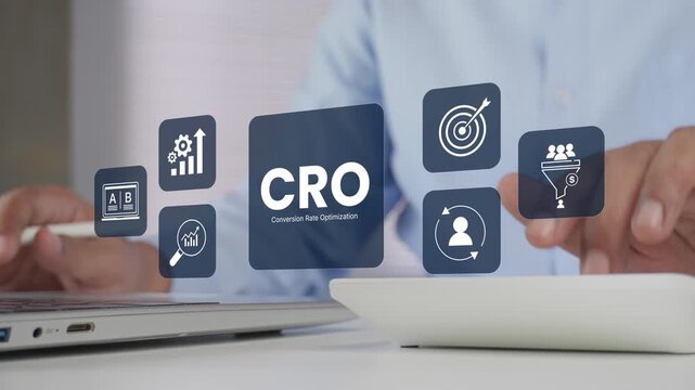 Business professional using calculator and laptop, Conversion Rate Optimization interface, CRO success strategy, digital marketing funnel, interest conversion stages, business performance improvement