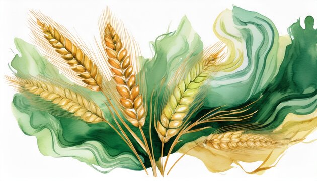 assemblage of wheat and jade abstract watercolor swashes isolated on a white background