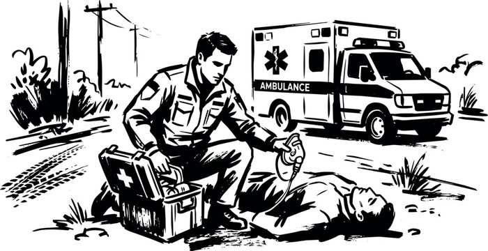 Paramedic performing CPR on injured man near ambulance on roadside