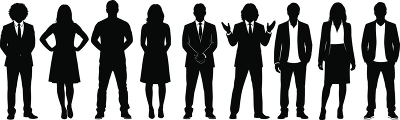 Fototapeta premium Silhouette illustration of diverse business professionals in formal attire representing teamwork, corporate collaboration, and leadership