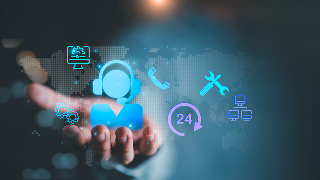 Customer support and service management concept focused on technical assistance, business communication, operational efficiency, global connectivity, issue resolution, continuous support solutions.