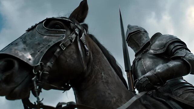 Europe medieval lifestyle. A detailed portrayal of a medieval knight in full armor, mounted on a horse. The knights helmet is adorned with rivets and a visor.
