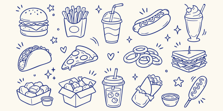 Hand drawn doodle collection of popular fast food items with stars and sparkles on a light background