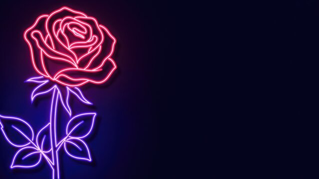Glowing neon rose flower outline in pink and purple on dark background