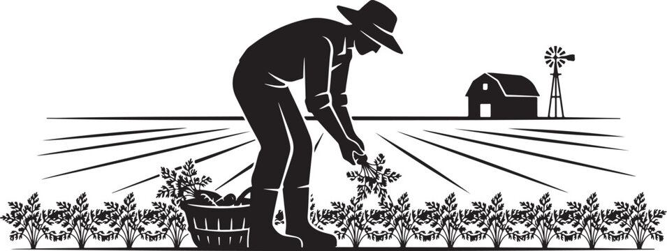 Silhouette of a farmer planting in a field with a barn