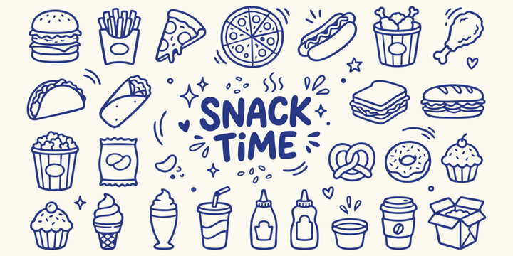 Hand drawn doodle collection of popular snack foods and beverages on a light cream background with 'Snack Time' text