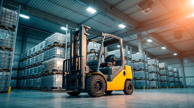 Yellow forklift parked in a modern distribution warehouse with IBC tanks and metal racks for supply chain efficiency commercial technology abstract concept