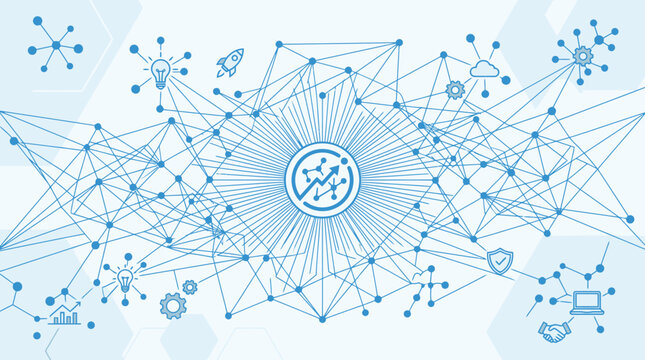 A digital illustration showing a complex network of interconnected data nodes
