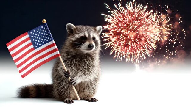 Adorable Raccoon Holding American Flag with Fireworks Display - A cute baby raccoon stands proudly holding a miniature United States flag.