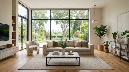 Fototapeta premium Modern Luxury Living Room Interior with Fireplace Large Windows Elegant Furniture Garden View Contemporary Home Design and Stylish Apartment Decor