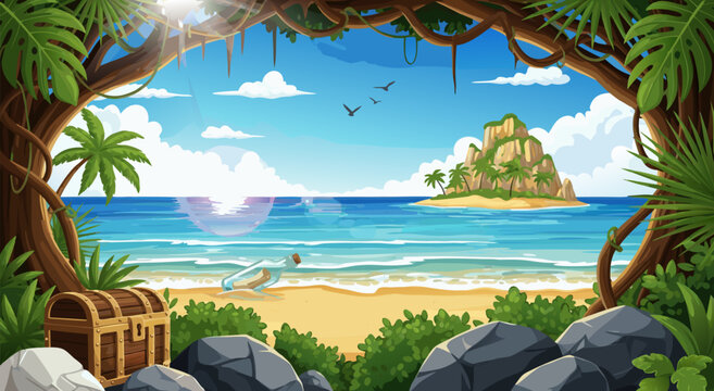 Tropical Island Treasure Hunt Vector Illustration Design Featuring a Sandy Beach and Hidden Chest for Adventure Games and Coastal Decor 23