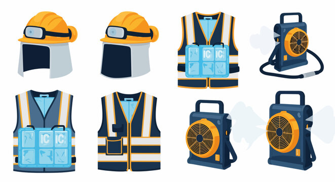 Construction worker safety gear and portable air blowers.