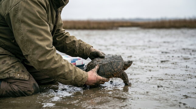 Wildlife specialist handling snapping turtle in muddy marshland, representing ecological research and wetland conservation efforts.