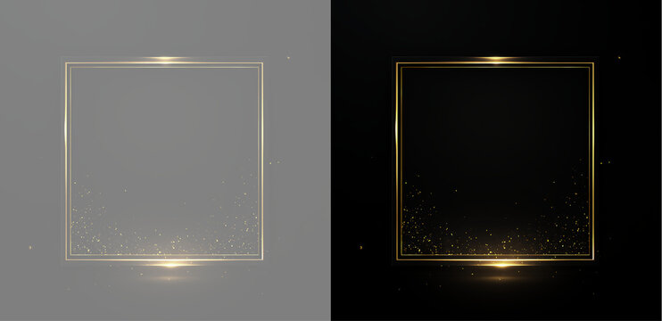 Luxury Golden Square Frame with Glitter Particles on Black Background, Elegant Premium Border Overlay