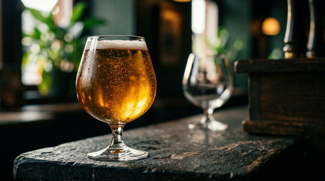 Beer glass filled with golden lager and foam, condensation on surface of rustic bar counter in dim pub, refreshment concept.