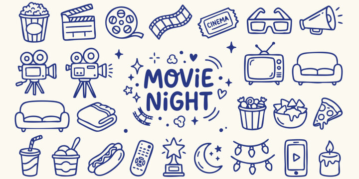 Hand drawn doodle icons for movie night with popcorn film reel and cinema ticket on beige background