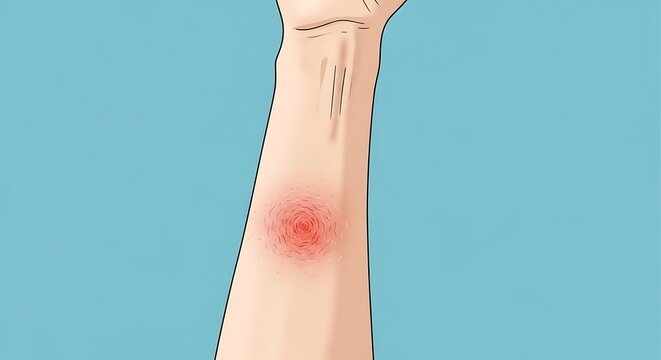 Close-up of a red rash on a persons arm against a blue background.