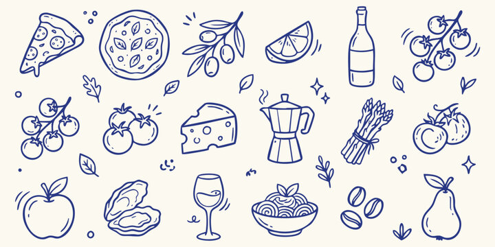 Hand drawn Italian food and ingredients doodle pattern with olive branches and wine on a cream background