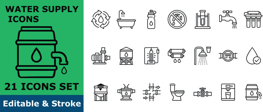 Water supply and filtration icon set, 21 vector outline pictograms of water purification, plumbing, distribution, and environmental technology symbols
