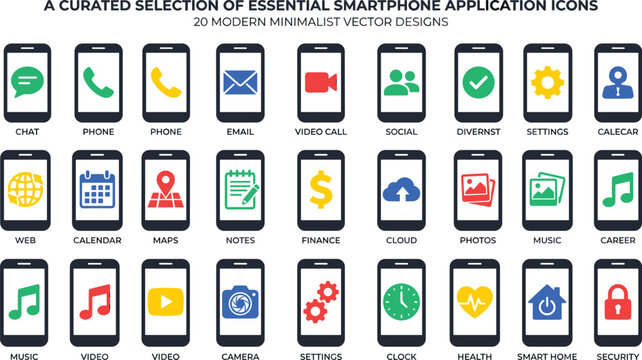 Essential Smartphone Application UI Line Icon Set with Minimalist Mobile Device Displays for Chat Mail Phone Settings Maps Finance Music and Security App Interfaces