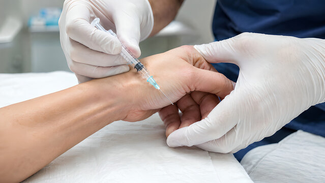 Thumb and wrist de Quervain tenosynovitis clinical exam photo showing painful movement assessment, radial wrist palpation, treatment context for orthopedic healthcare education, patient communication