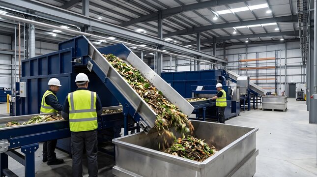 Professional workers monitoring food waste recycling on industrial conveyor belt in modern factory for composting organic ecology background concept