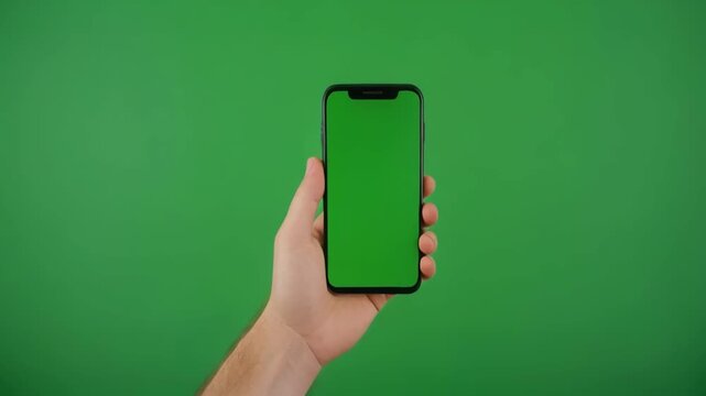 Hand interacting with smartphone green screen during digital presentation on chroma key background