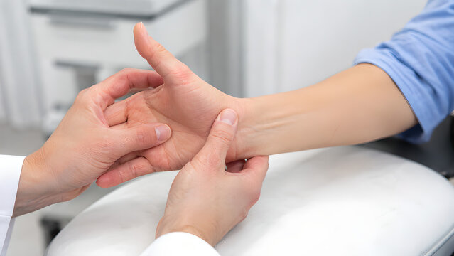 Thumb and wrist de Quervain tenosynovitis clinical exam photo showing painful movement assessment, radial wrist palpation, treatment context for orthopedic healthcare education, patient communication