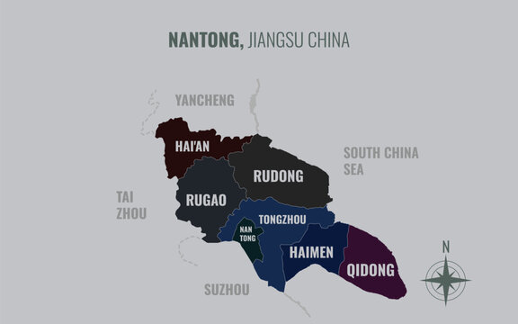 nantong jiangsu Prefacture into County in a minimalist colorful style map showing
