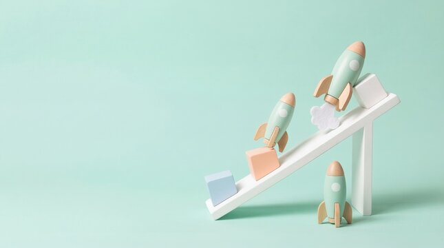 Conceptual wooden rocket toys launching on an inclined ramp representing business growth and startup development strategy on a soft green background