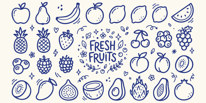 Various fresh fruits in a doodle style on a light background with playful decorative elements