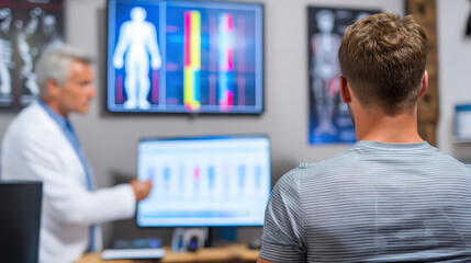 Fototapeta premium Doctor showing medical results on computer screen to patient in clinic.