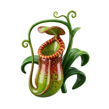 Tropical carnivorous pitcher plant with vibrant green foliage and red accents