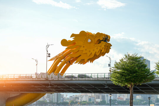 Head View of Dragon bridge at sunset time evening olden hour bright light