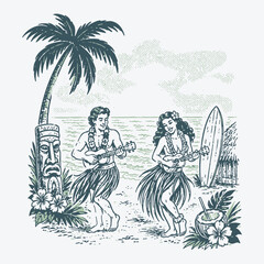 Vintage Hawaiian Ukulele Players Engraving on Tropical Sunset Beach with Tiki Statue and Surfboard © purify