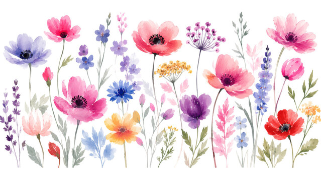 Refined Botanical Watercolor Design Highlighting the Elegance of Multicolored Wildflowers Presented in a Soft Minimalist Layout