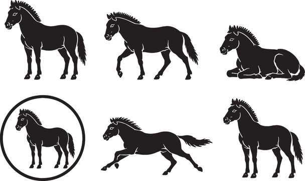 Przewalskis Horse Silhouette Icon Set Wild Equine Wildlife Vector Collection
